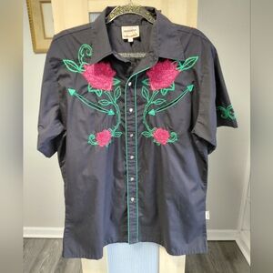 Dragonfly Men’s Black Green Western Shirt with Red Rose Embroidery Made In  USA